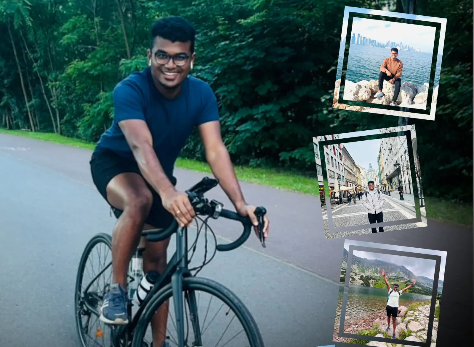 Photo collage of Arun Kumar Ganesan cycling, hiking, and exploring places