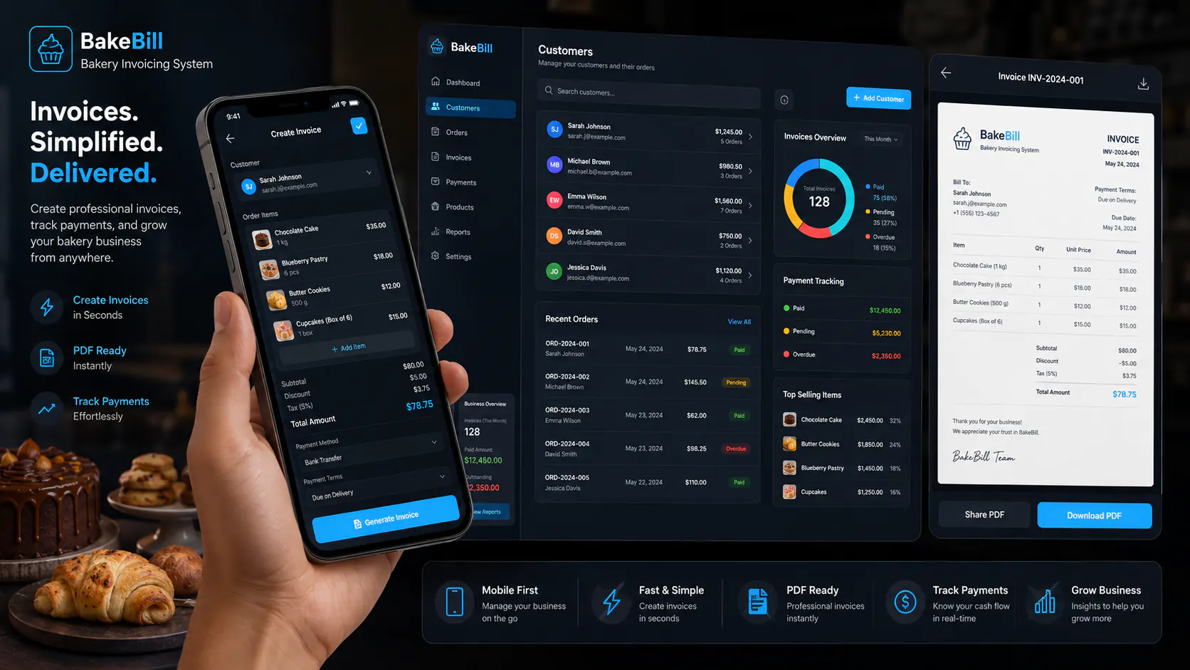 BakeBill bakery operations dashboard, mobile invoice form, and PDF invoice view